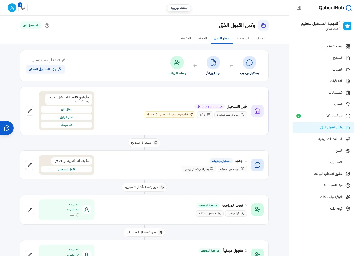 مسار عمل وكيل القبول الذكي: ما يفعله في كل مرحلة من مراحل الطلبات