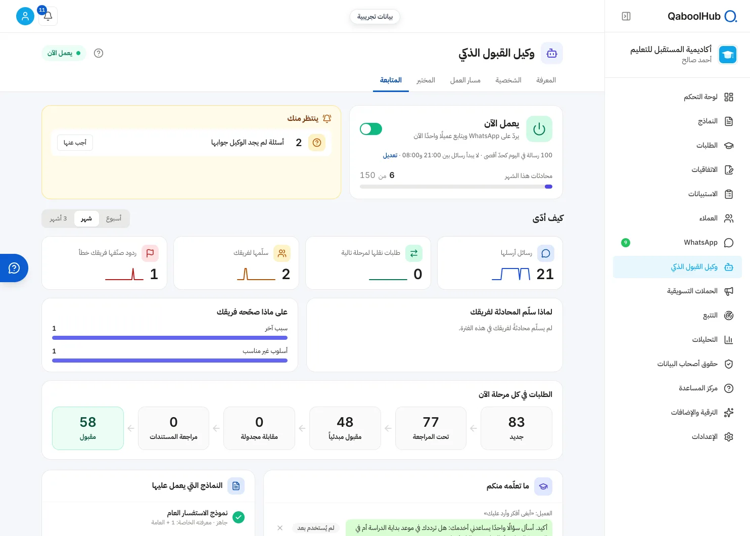 نظرة عامة على وكيل القبول الذكي: حالته وحدوده وحصة المحادثات المُدارة وما فعله