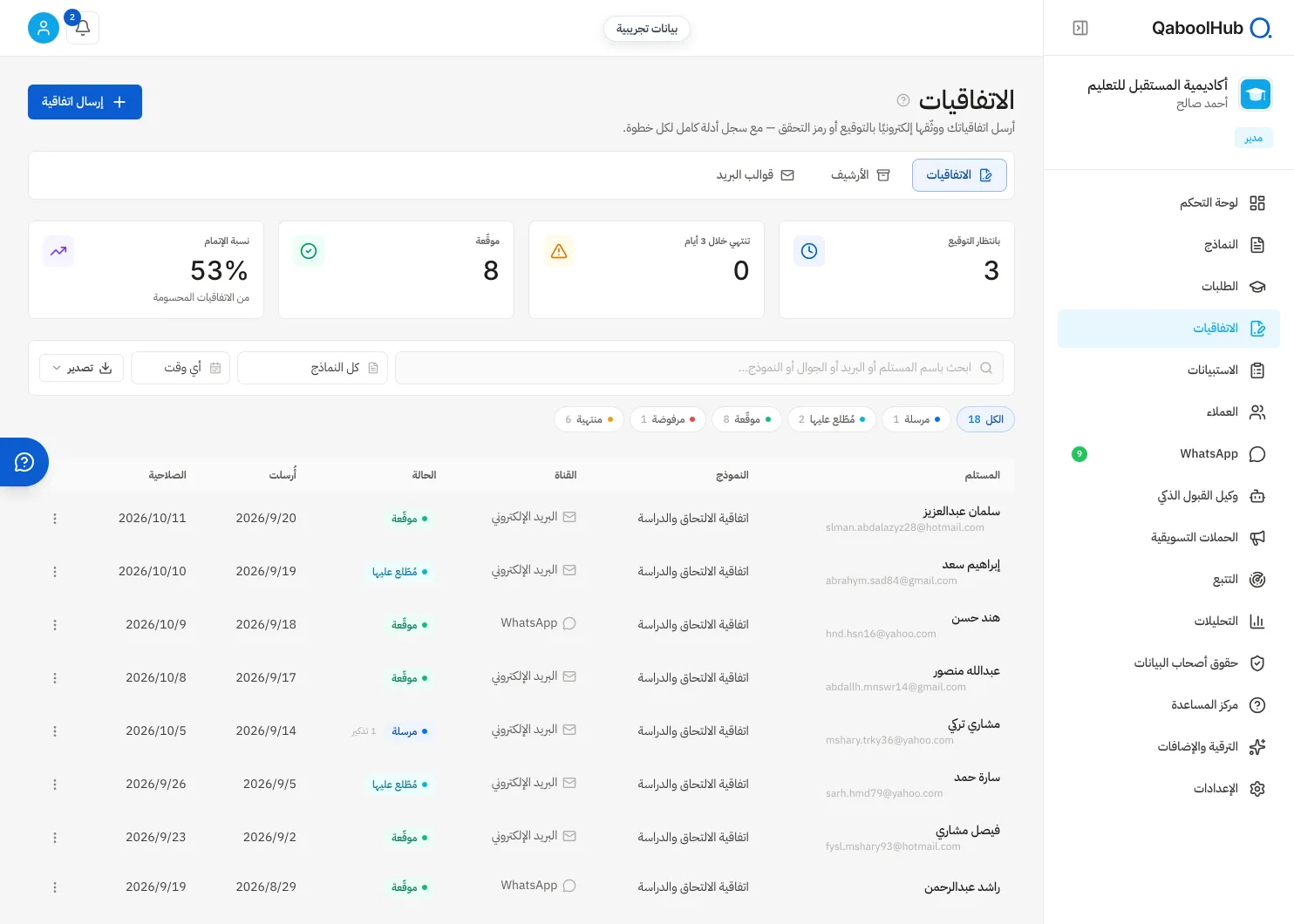إدارة الاتفاقيات وحالات التوقيع في QaboolHub