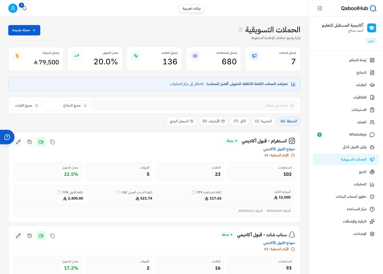 الحملات وروابط التتبع وأداء كل مصدر في QaboolHub ببيانات تجريبية